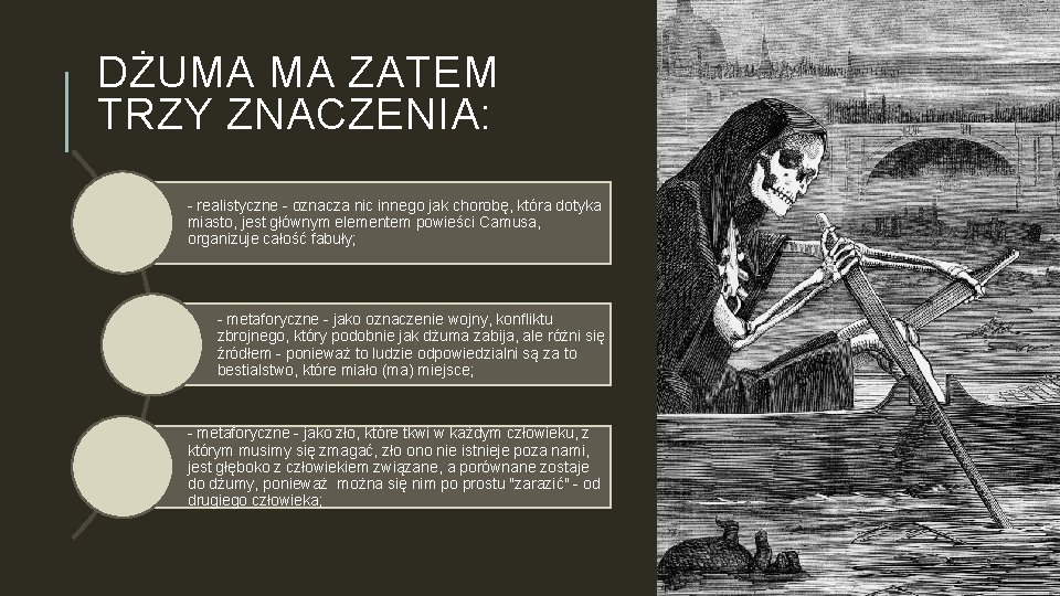 DŻUMA MA ZATEM TRZY ZNACZENIA: realistyczne oznacza nic innego jak chorobę, która dotyka miasto,