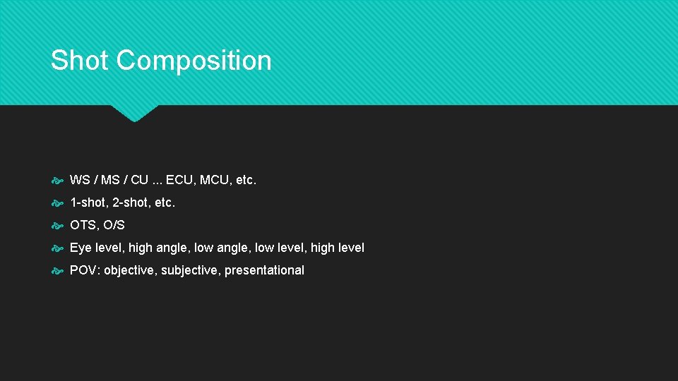Shot Composition WS / MS / CU. . . ECU, MCU, etc. 1 -shot,