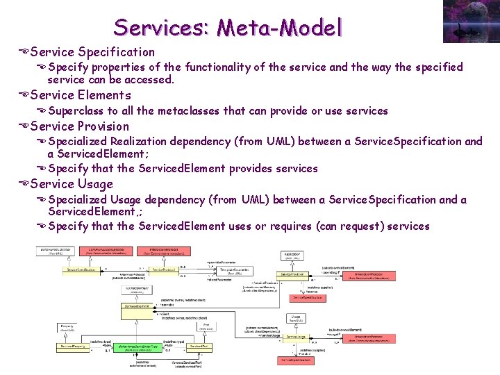 Services: Meta-Model EService Specification E Specify properties of the functionality of the service and