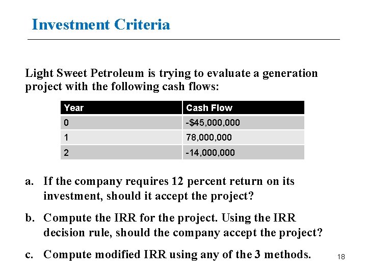 Investment Criteria Light Sweet Petroleum is trying to evaluate a generation project with the