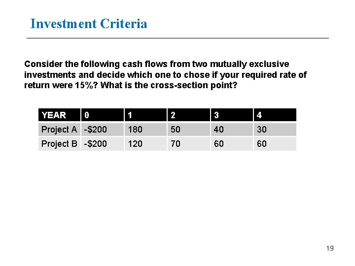 Investment Criteria Consider the following cash flows from two mutually exclusive investments and decide