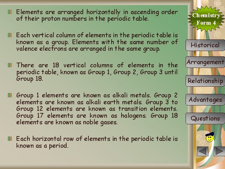 Elements are arranged horizontally in ascending order of their proton numbers in the periodic