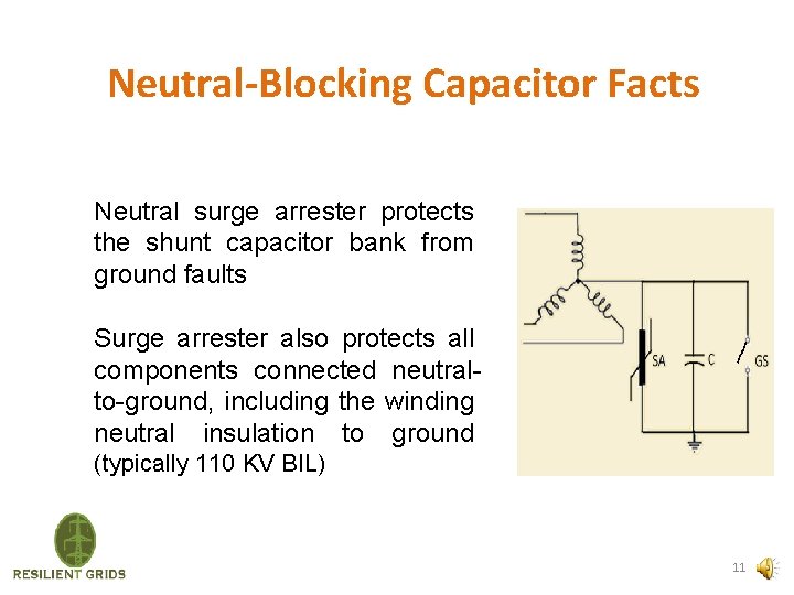 Neutral-Blocking Capacitor Facts Neutral surge arrester protects the shunt capacitor bank from ground faults