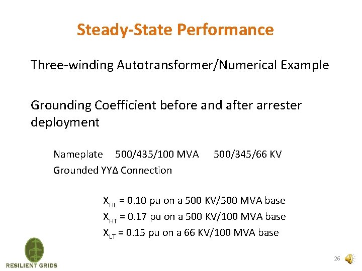 Steady-State Performance Three-winding Autotransformer/Numerical Example Grounding Coefficient before and after arrester deployment Nameplate 500/435/100