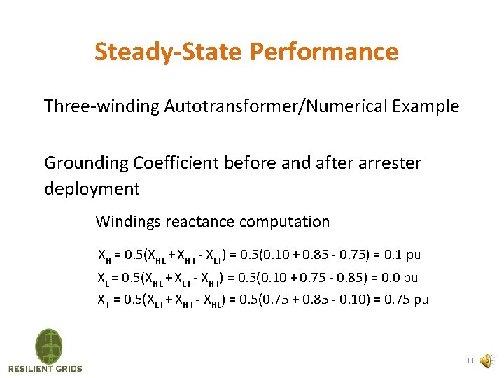 Steady-State Performance Three-winding Autotransformer/Numerical Example Grounding Coefficient before and after arrester deployment Windings reactance