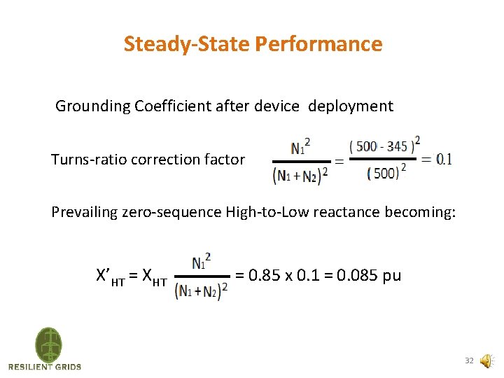 Steady-State Performance Grounding Coefficient after device deployment Turns-ratio correction factor Prevailing zero-sequence High-to-Low reactance