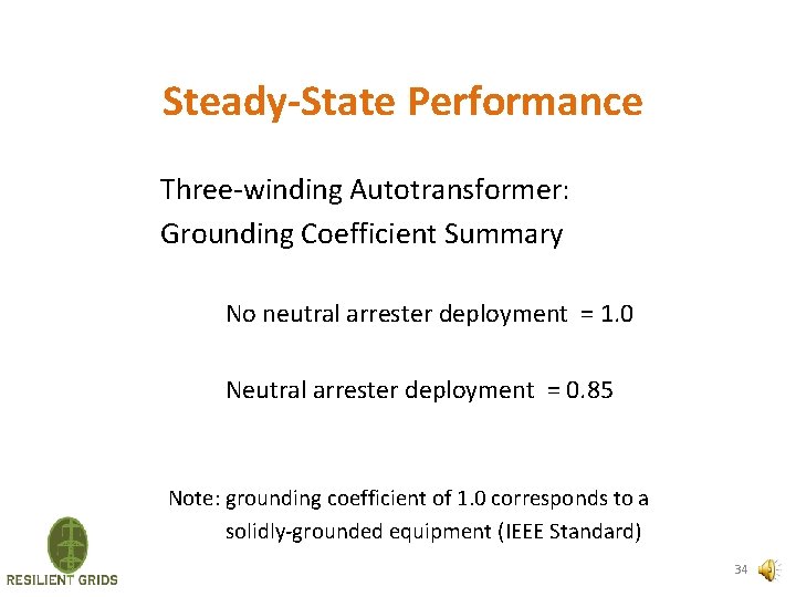 Steady-State Performance Three-winding Autotransformer: Grounding Coefficient Summary No neutral arrester deployment = 1. 0