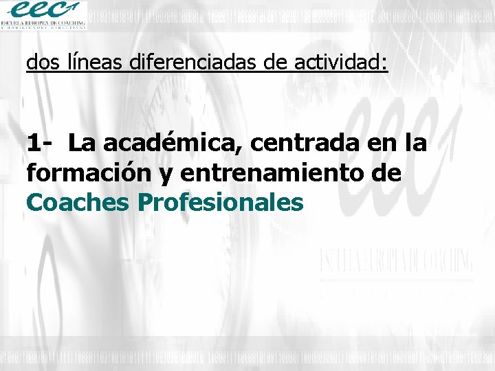 dos líneas diferenciadas de actividad: 1 - La académica, centrada en la formación y