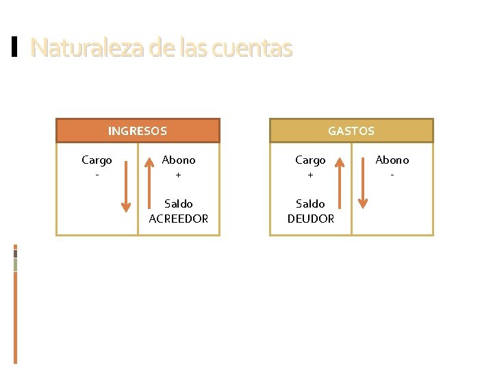 Naturaleza de las cuentas INGRESOS Cargo - GASTOS Abono + Cargo + Saldo ACREEDOR