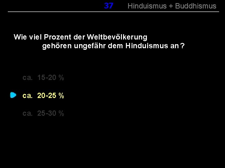 037 Hinduismus + Buddhismus Wie viel Prozent der Weltbevölkerung gehören ungefähr dem Hinduismus an