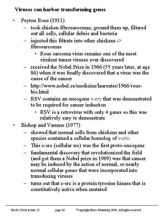 Viruses can harbor transforming genes • • Peyton Rous (1911) – took chicken fibrosarcomas,
