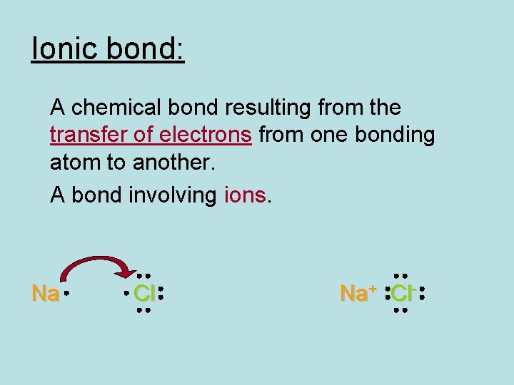 Ionic bond: A chemical bond resulting from the transfer of electrons from one bonding