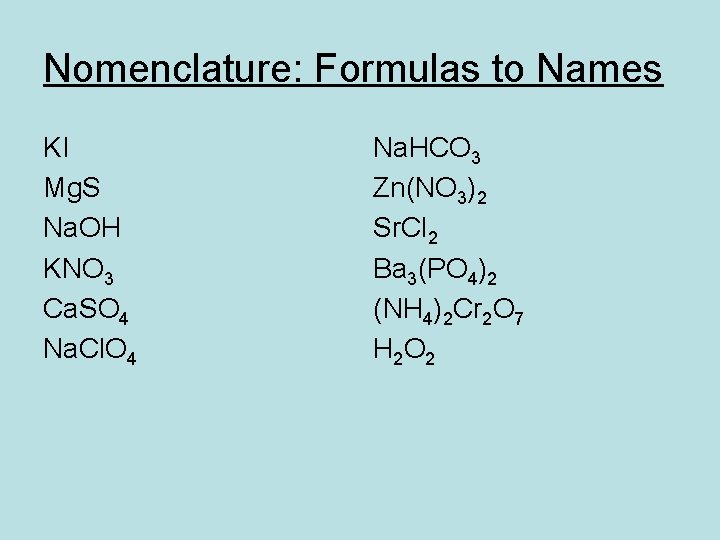 Nomenclature: Formulas to Names KI Mg. S Na. OH KNO 3 Ca. SO 4