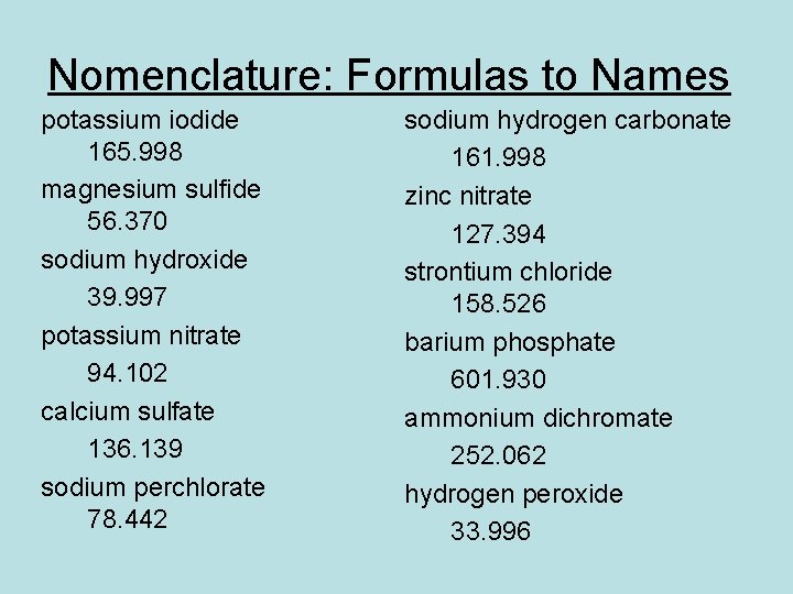 Nomenclature: Formulas to Names potassium iodide 165. 998 magnesium sulfide 56. 370 sodium hydroxide