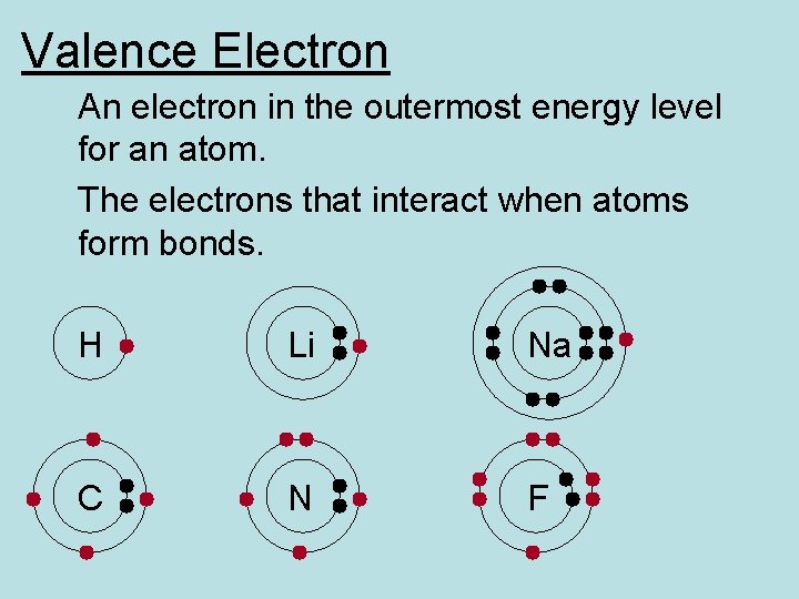 Valence Electron An electron in the outermost energy level for an atom. The electrons