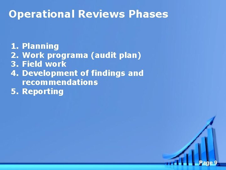Operational Reviews Phases 1. 2. 3. 4. Planning Work programa (audit plan) Field work