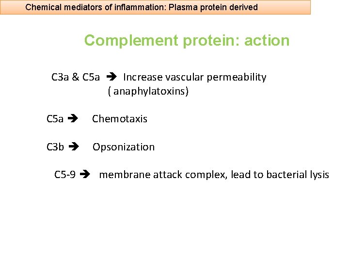 Chemical mediators of inflammation: Plasma protein derived Complement protein: action C 3 a &