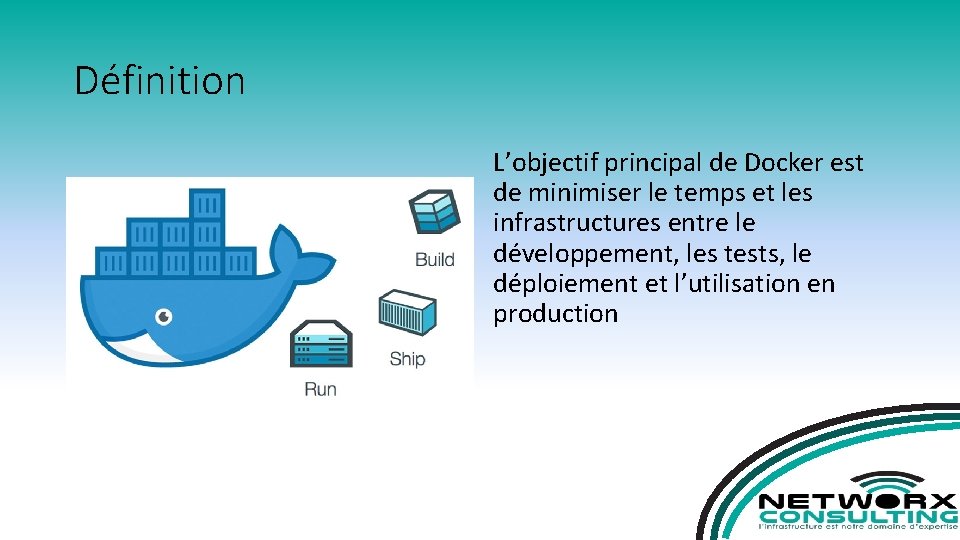 Définition L’objectif principal de Docker est de minimiser le temps et les infrastructures entre