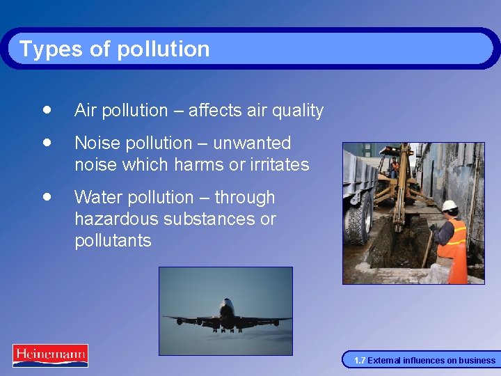 Types of pollution · Air pollution – affects air quality · Noise pollution –