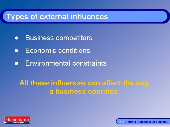 Types of external influences · Business competitors · Economic conditions · Environmental constraints All