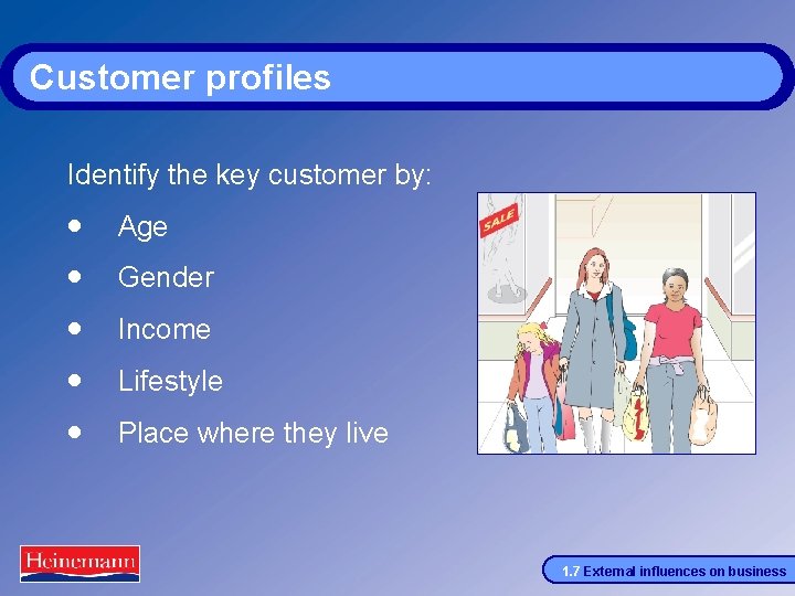 Customer profiles Identify the key customer by: · · · Age Gender Income Lifestyle