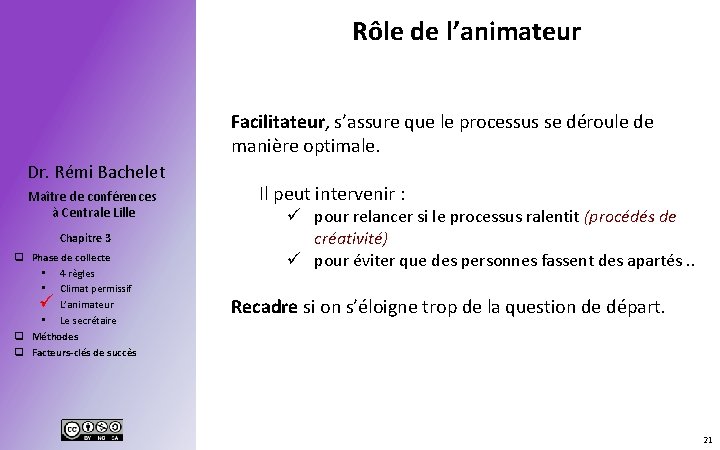 Rôle de l’animateur Facilitateur, s’assure que le processus se déroule de manière optimale. Dr.