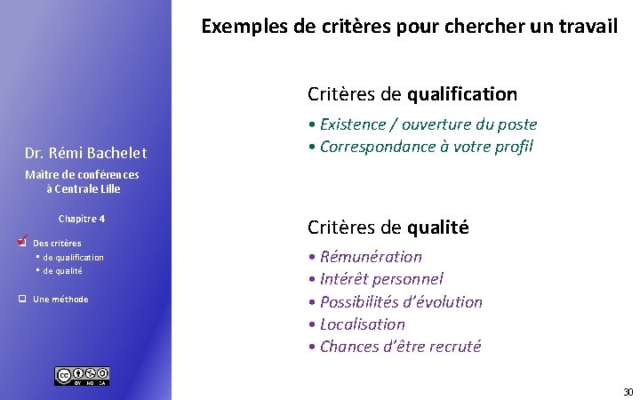 Exemples de critères pour cher un travail Critères de qualification Dr. Rémi Bachelet •