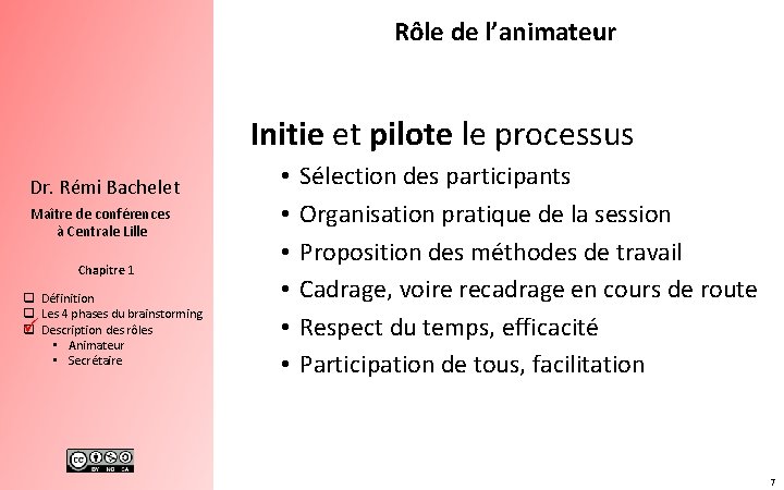 Rôle de l’animateur Initie et pilote le processus Dr. Rémi Bachelet Maître de conférences