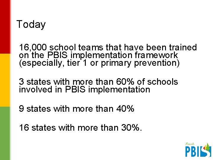 Today 16, 000 school teams that have been trained on the PBIS implementation framework