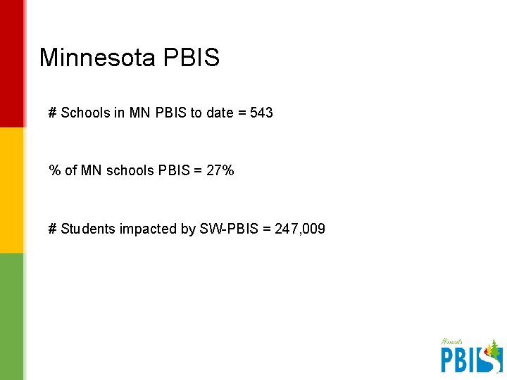 Minnesota PBIS # Schools in MN PBIS to date = 543 % of MN