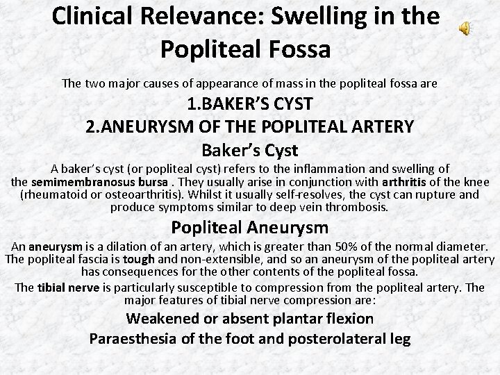 Clinical Relevance: Swelling in the Popliteal Fossa The two major causes of appearance of