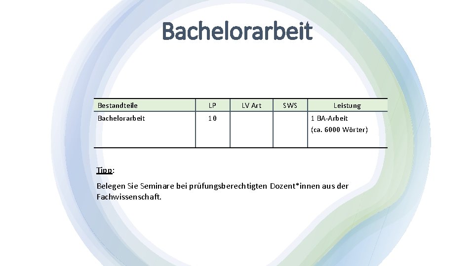 Bachelorarbeit Bestandteile LP Bachelorarbeit 10 LV Art SWS Leistung 1 BA-Arbeit (ca. 6000 Wörter)