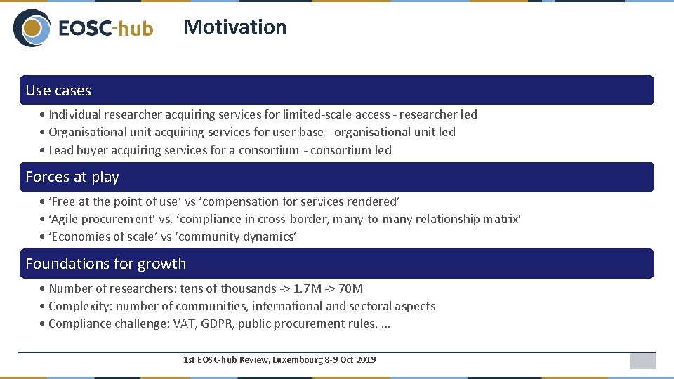 Motivation Use cases • Individual researcher acquiring services for limited-scale access - researcher led