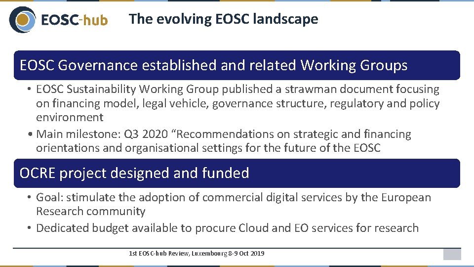 The evolving EOSC landscape EOSC Governance established and related Working Groups • EOSC Sustainability