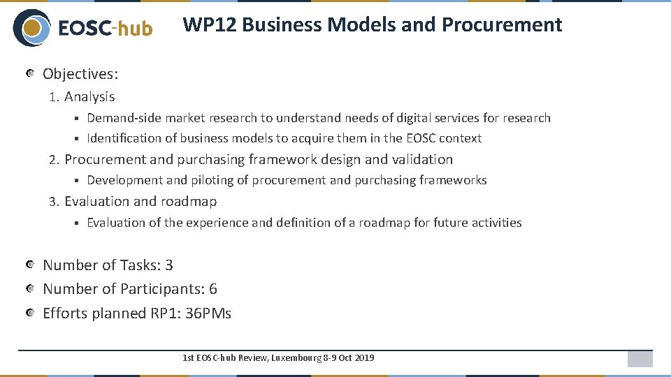 WP 12 Business Models and Procurement Objectives: 1. Analysis § Demand-side market research to