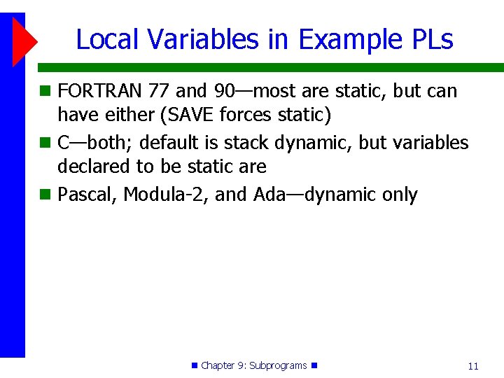 Local Variables in Example PLs FORTRAN 77 and 90—most are static, but can have Local Variables in Example PLs FORTRAN 77 and 90—most are static, but can have
