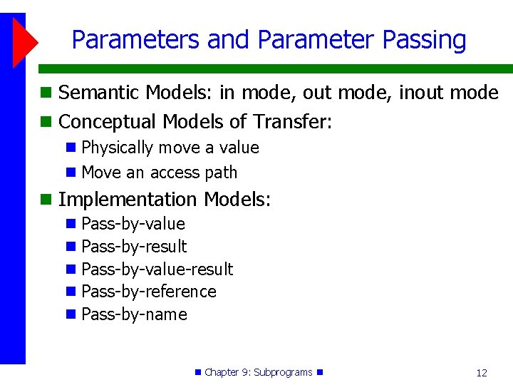 Parameters and Parameter Passing Semantic Models: in mode, out mode, inout mode Conceptual Models Parameters and Parameter Passing Semantic Models: in mode, out mode, inout mode Conceptual Models