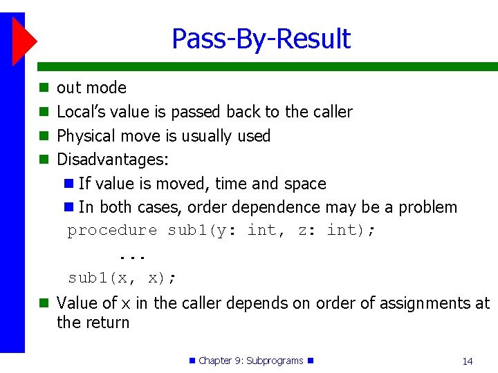 Pass-By-Result out mode Local’s value is passed back to the caller Physical move is Pass-By-Result out mode Local’s value is passed back to the caller Physical move is