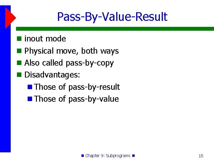 Pass-By-Value-Result inout mode Physical move, both ways Also called pass-by-copy Disadvantages: Those of pass-by-result Pass-By-Value-Result inout mode Physical move, both ways Also called pass-by-copy Disadvantages: Those of pass-by-result