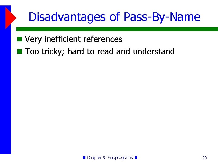 Disadvantages of Pass-By-Name Very inefficient references Too tricky; hard to read and understand Chapter Disadvantages of Pass-By-Name Very inefficient references Too tricky; hard to read and understand Chapter