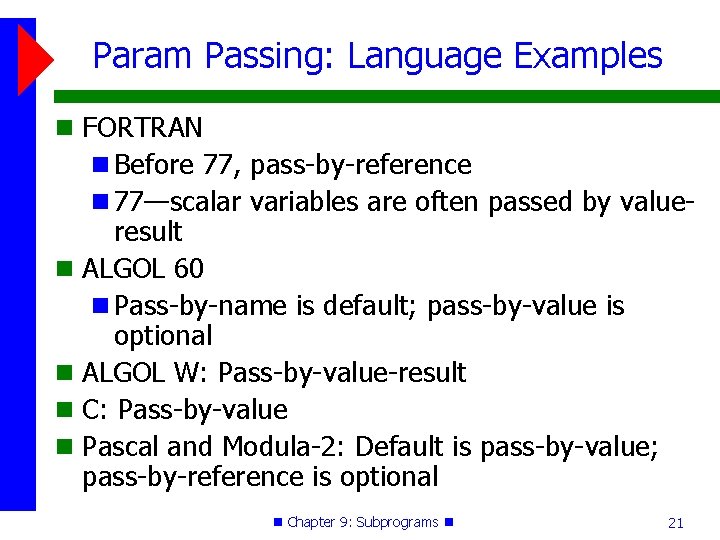 Param Passing: Language Examples FORTRAN Before 77, pass-by-reference 77—scalar variables are often passed by Param Passing: Language Examples FORTRAN Before 77, pass-by-reference 77—scalar variables are often passed by