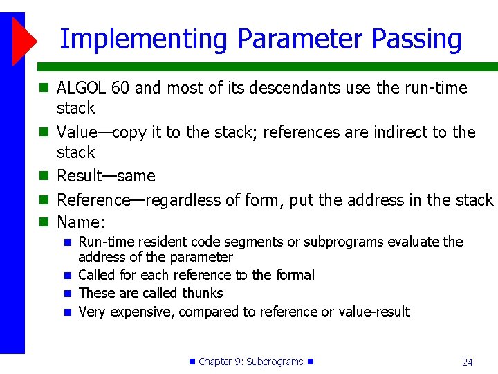 Implementing Parameter Passing ALGOL 60 and most of its descendants use the run-time stack Implementing Parameter Passing ALGOL 60 and most of its descendants use the run-time stack
