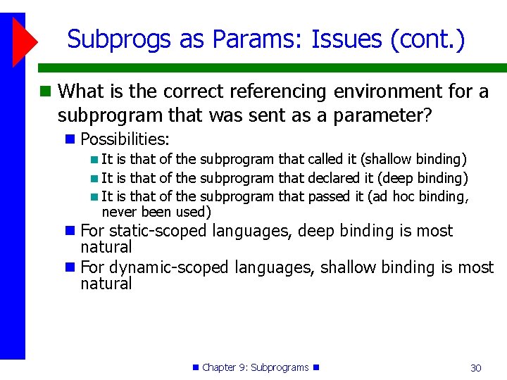 Subprogs as Params: Issues (cont. ) What is the correct referencing environment for a Subprogs as Params: Issues (cont. ) What is the correct referencing environment for a