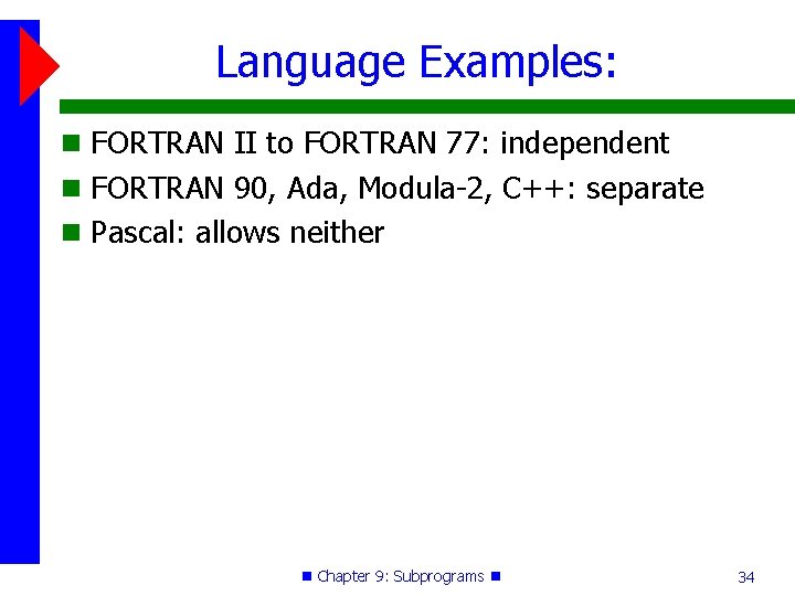 Language Examples: FORTRAN II to FORTRAN 77: independent FORTRAN 90, Ada, Modula-2, C++: separate Language Examples: FORTRAN II to FORTRAN 77: independent FORTRAN 90, Ada, Modula-2, C++: separate