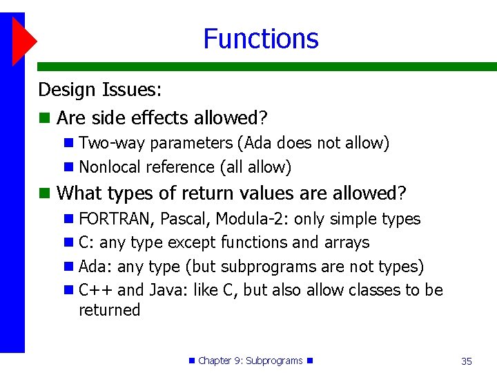 Functions Design Issues: Are side effects allowed? Two-way parameters (Ada does not allow) Nonlocal Functions Design Issues: Are side effects allowed? Two-way parameters (Ada does not allow) Nonlocal