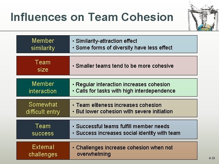 Influences on Team Cohesion Member similarity • Similarity-attraction effect • Some forms of diversity