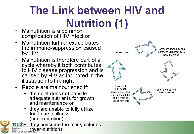 The Link between HIV and Nutrition (1) • Malnutrition is a common complication of