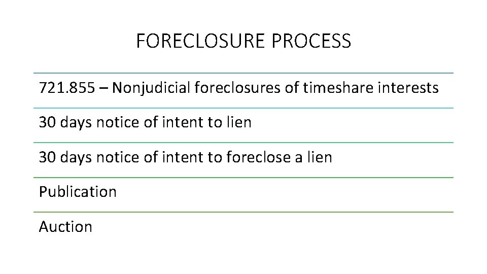 FORECLOSURE PROCESS 721. 855 – Nonjudicial foreclosures of timeshare interests 30 days notice of