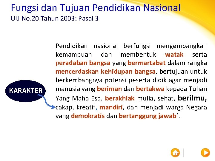 Fungsi dan Tujuan Pendidikan Nasional UU No. 20 Tahun 2003: Pasal 3 KARAKTER Pendidikan