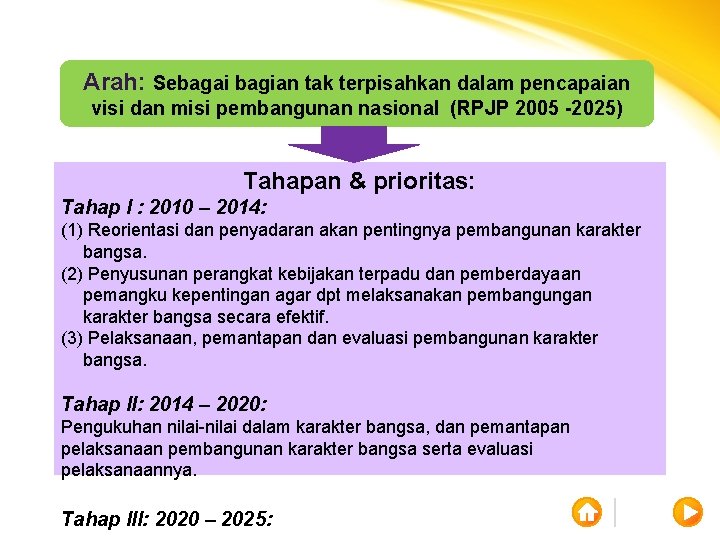 Arah: Sebagai bagian tak terpisahkan dalam pencapaian visi dan misi pembangunan nasional (RPJP 2005